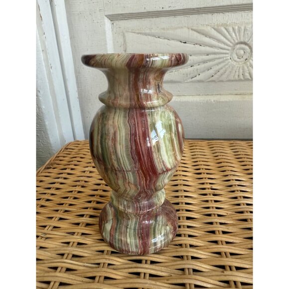 Vintage 70's Green & Brown Banded Onyx Agate Vase 6" Heavy Boho - Picture 4 of 8